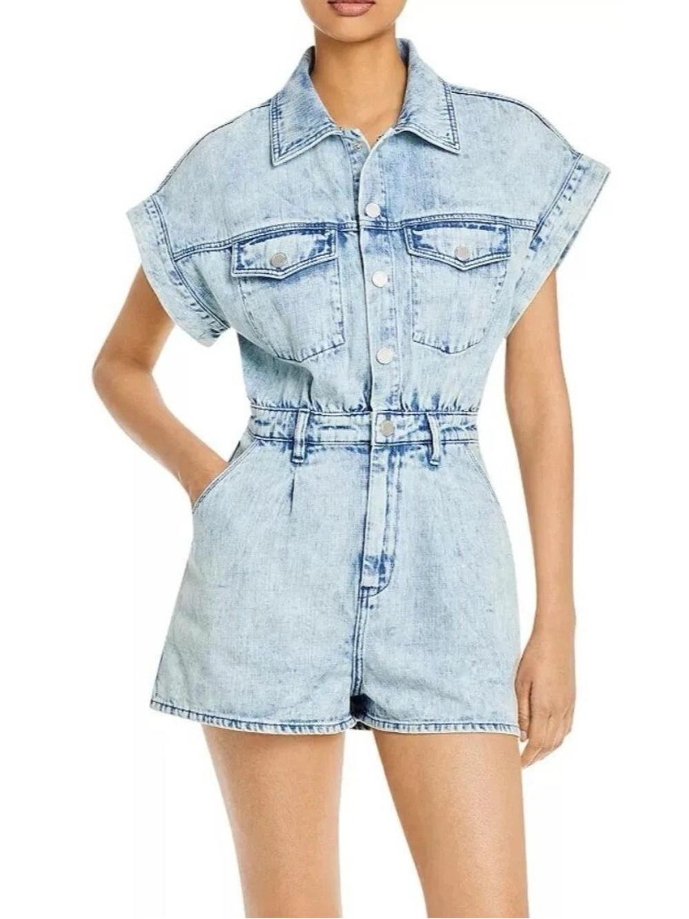 BLANKNYC Denim Utility Romper Acid Wash Cotton Short Sleeve Jean Boiler Suit L